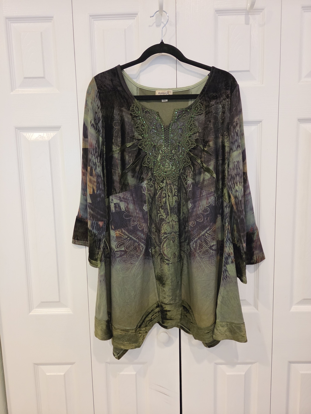 Vintage y2k Embroidered Green Boho Tunic Top - One World